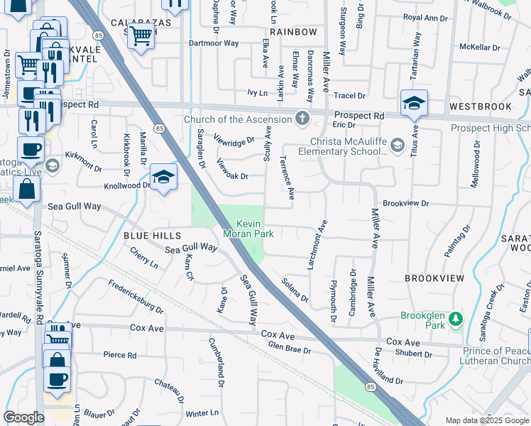 map of restaurants, bars, coffee shops, grocery stores, and more near 12340 Scully Avenue in Saratoga