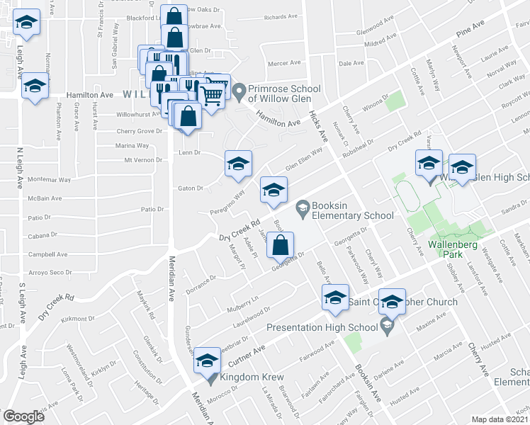 map of restaurants, bars, coffee shops, grocery stores, and more near 1601 Dry Creek Road in San Jose
