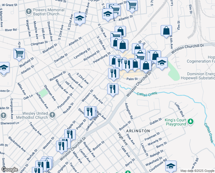 map of restaurants, bars, coffee shops, grocery stores, and more near 2308 Maple Street in Hopewell