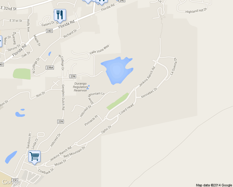 map of restaurants, bars, coffee shops, grocery stores, and more near 24 Jenkins Drive in Durango