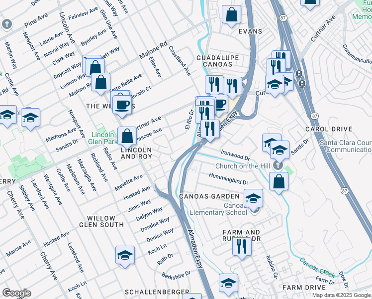 map of restaurants, bars, coffee shops, grocery stores, and more near 964 Spadafore Court in San Jose
