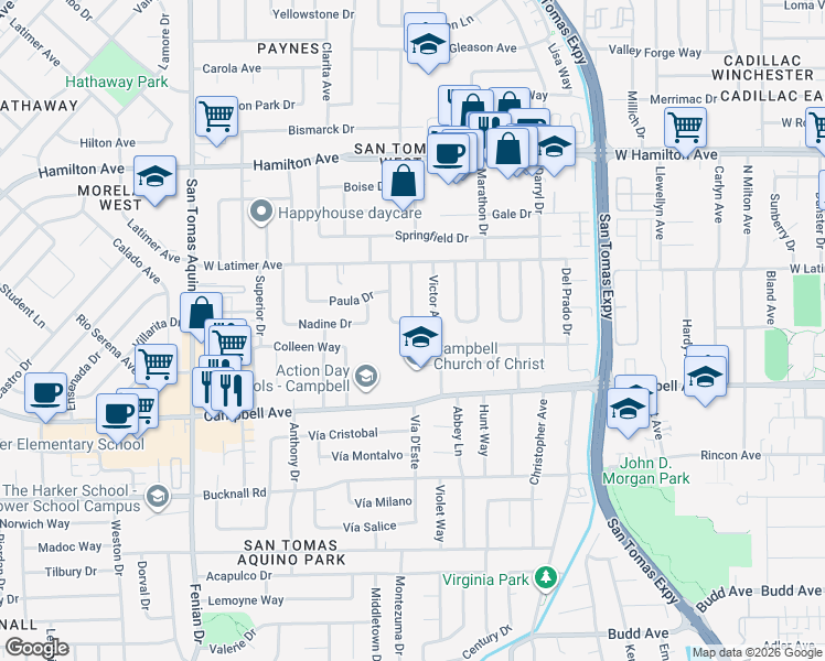 map of restaurants, bars, coffee shops, grocery stores, and more near 168 Warwick Drive in Campbell