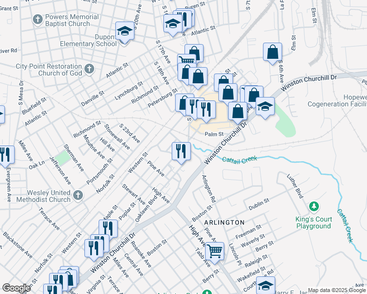 map of restaurants, bars, coffee shops, grocery stores, and more near 808 Arlington Road in Hopewell