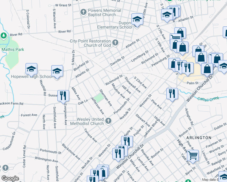 map of restaurants, bars, coffee shops, grocery stores, and more near 2602 Petersburg Street in Hopewell