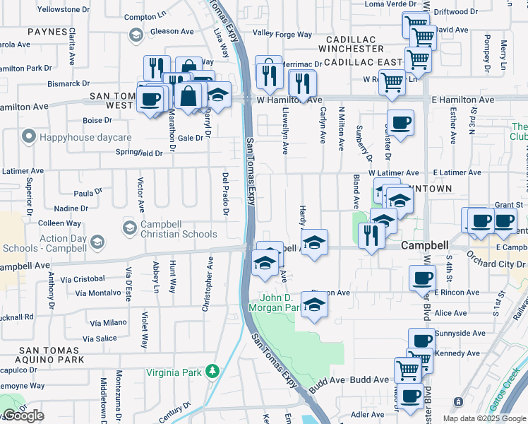 map of restaurants, bars, coffee shops, grocery stores, and more near 567 Latimer Circle in Campbell