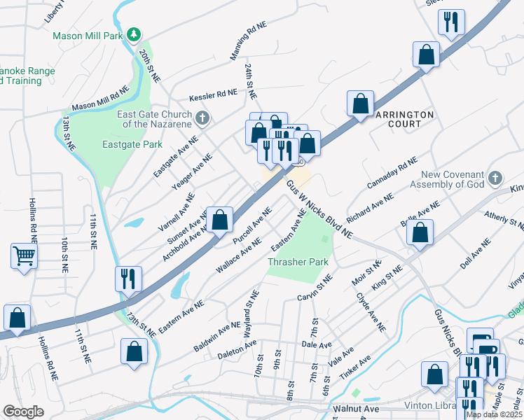 map of restaurants, bars, coffee shops, grocery stores, and more near 2002 Purcell Avenue Northeast in Roanoke