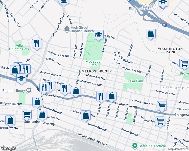 map of restaurants, bars, coffee shops, grocery stores, and more near 1911 Mercer Avenue Northwest in Roanoke