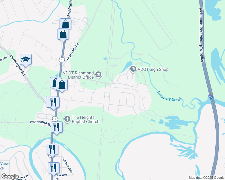 map of restaurants, bars, coffee shops, grocery stores, and more near 16903 Lansmill Drive in Colonial Heights