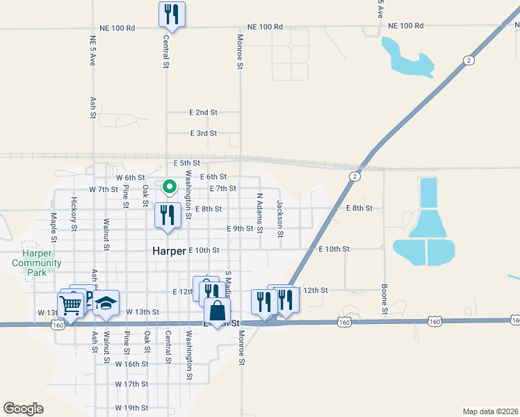 map of restaurants, bars, coffee shops, grocery stores, and more near 800 North Adams Street in Harper