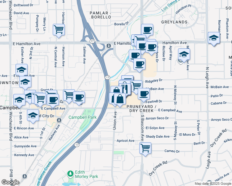 map of restaurants, bars, coffee shops, grocery stores, and more near 53 Campisi Way in Campbell