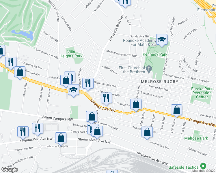 map of restaurants, bars, coffee shops, grocery stores, and more near 2330 Staunton Avenue Northwest in Roanoke