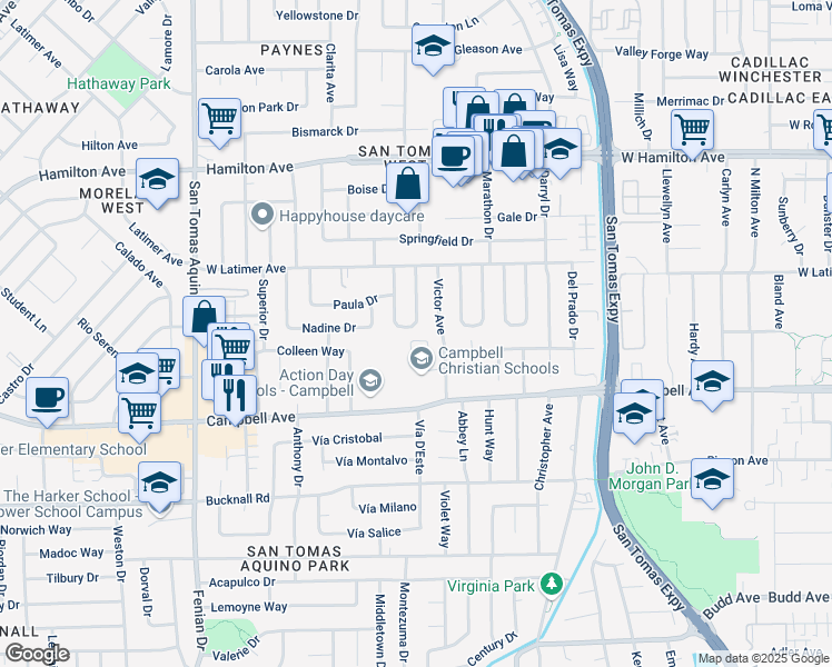 map of restaurants, bars, coffee shops, grocery stores, and more near 168 Warwick Drive in Campbell