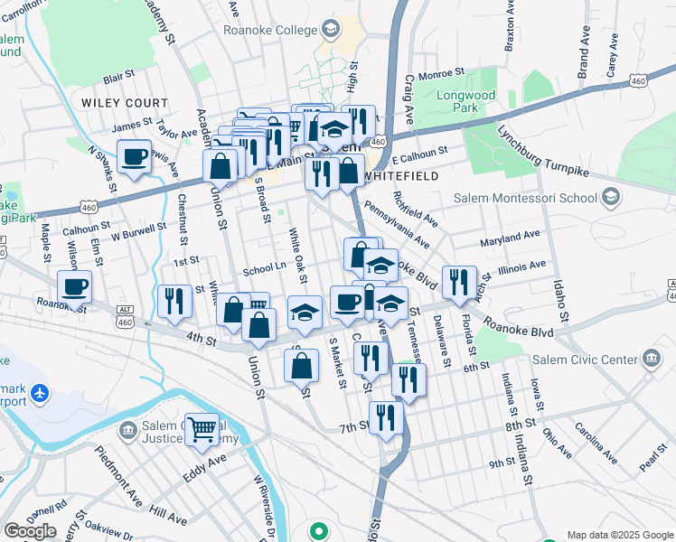 map of restaurants, bars, coffee shops, grocery stores, and more near 409 South Colorado Street in Salem