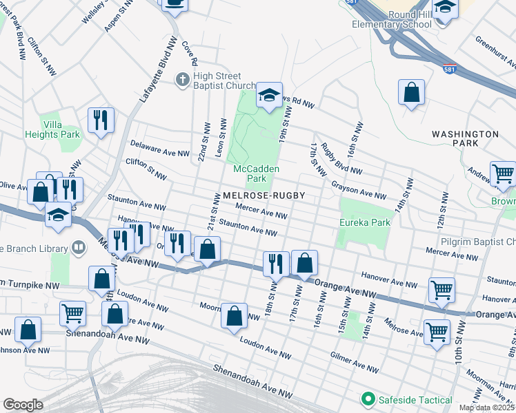 map of restaurants, bars, coffee shops, grocery stores, and more near 1911 Mercer Avenue Northwest in Roanoke