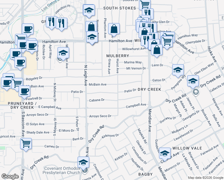 map of restaurants, bars, coffee shops, grocery stores, and more near 1813 Patio Drive in San Jose