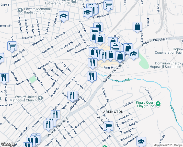 map of restaurants, bars, coffee shops, grocery stores, and more near 8038 Crestline Boulevard in Hopewell