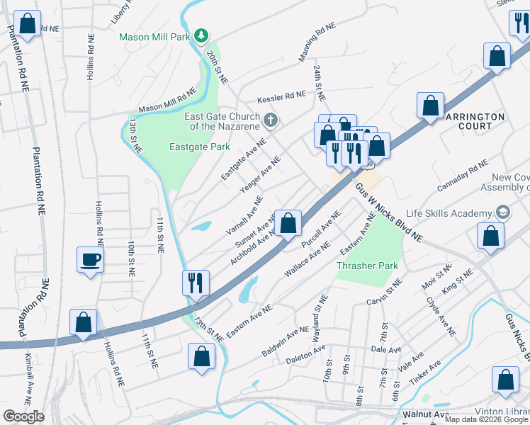 map of restaurants, bars, coffee shops, grocery stores, and more near 1414 17th Street Northeast in Roanoke