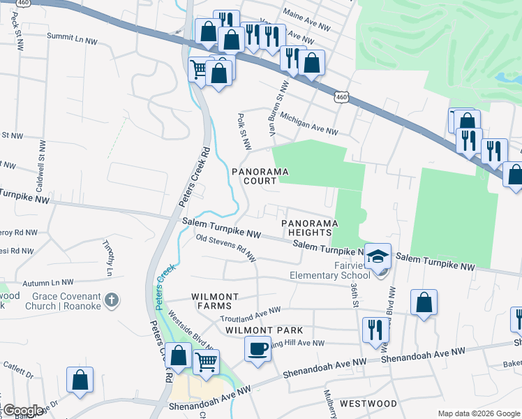 map of restaurants, bars, coffee shops, grocery stores, and more near 3836 Panorama Avenue Northwest in Roanoke