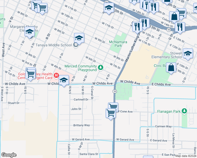 map of restaurants, bars, coffee shops, grocery stores, and more near 452 West 5th Street in Merced
