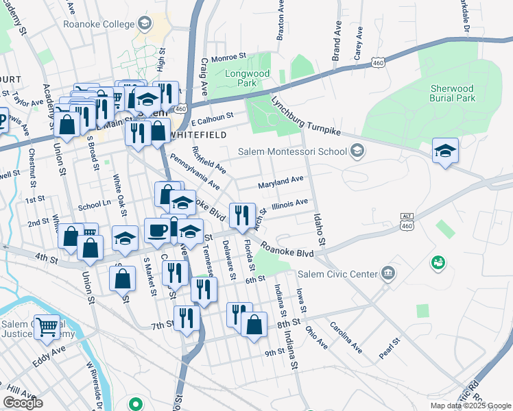 map of restaurants, bars, coffee shops, grocery stores, and more near 715 Illinois Avenue in Salem