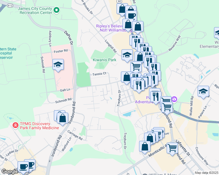 map of restaurants, bars, coffee shops, grocery stores, and more near 108 Bristol Commons in Williamsburg