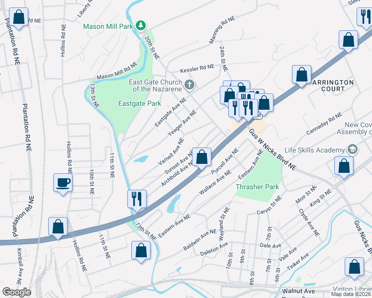 map of restaurants, bars, coffee shops, grocery stores, and more near 1414 17th Street Northeast in Roanoke