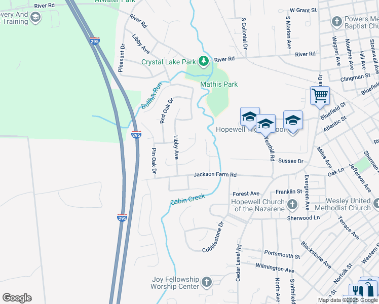 map of restaurants, bars, coffee shops, grocery stores, and more near 3612 Creekwood Drive in Hopewell