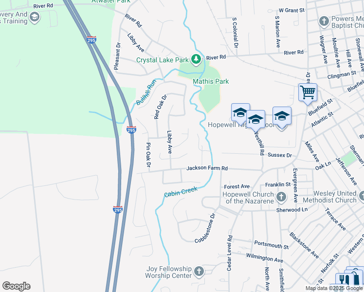 map of restaurants, bars, coffee shops, grocery stores, and more near 3612 Creekwood Drive in Hopewell
