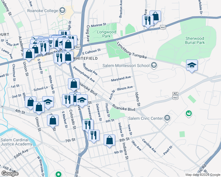 map of restaurants, bars, coffee shops, grocery stores, and more near 715 Illinois Avenue in Salem