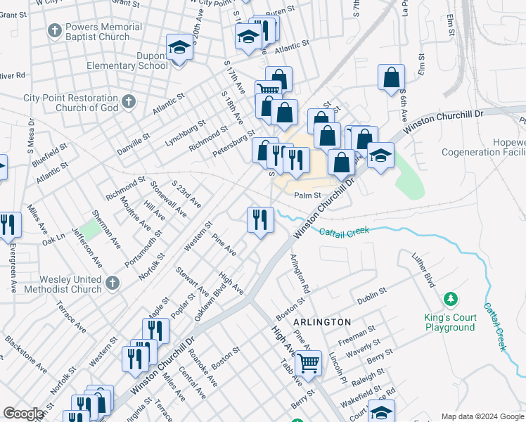 map of restaurants, bars, coffee shops, grocery stores, and more near 806 Arlington Road in Hopewell