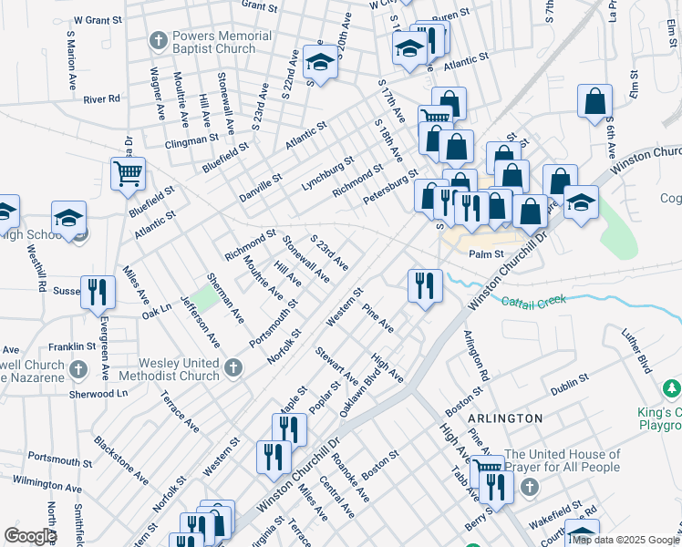 map of restaurants, bars, coffee shops, grocery stores, and more near 2305 Norfolk Street in Hopewell