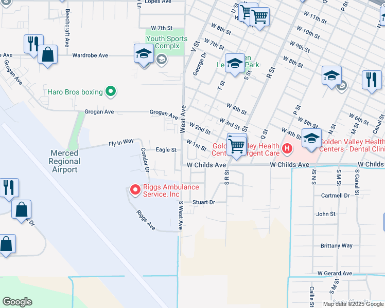 map of restaurants, bars, coffee shops, grocery stores, and more near 18 South West Avenue in Merced