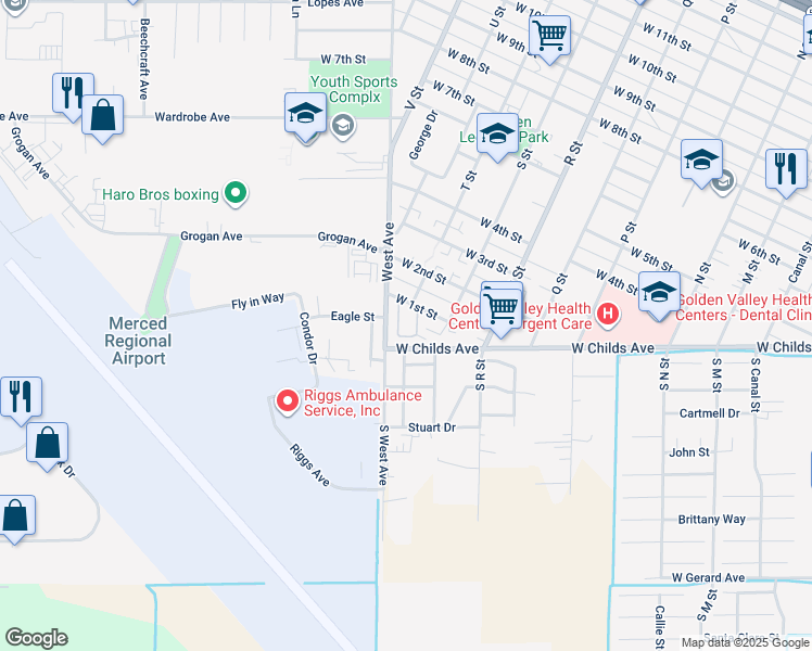 map of restaurants, bars, coffee shops, grocery stores, and more near 18 South West Avenue in Merced