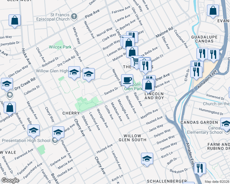 map of restaurants, bars, coffee shops, grocery stores, and more near 1221 Curtner Avenue in San Jose
