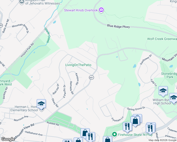 map of restaurants, bars, coffee shops, grocery stores, and more near 1800-1998 Mountain View Road in Vinton