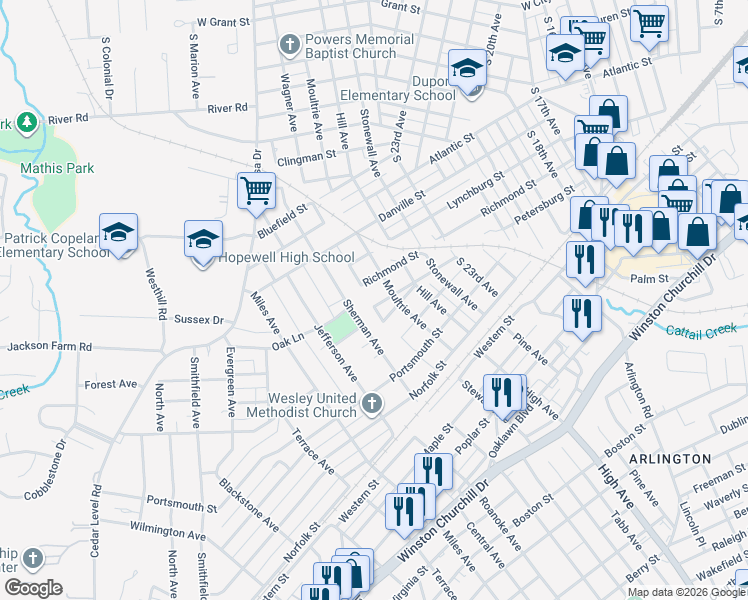 map of restaurants, bars, coffee shops, grocery stores, and more near 2602 Petersburg Street in Hopewell