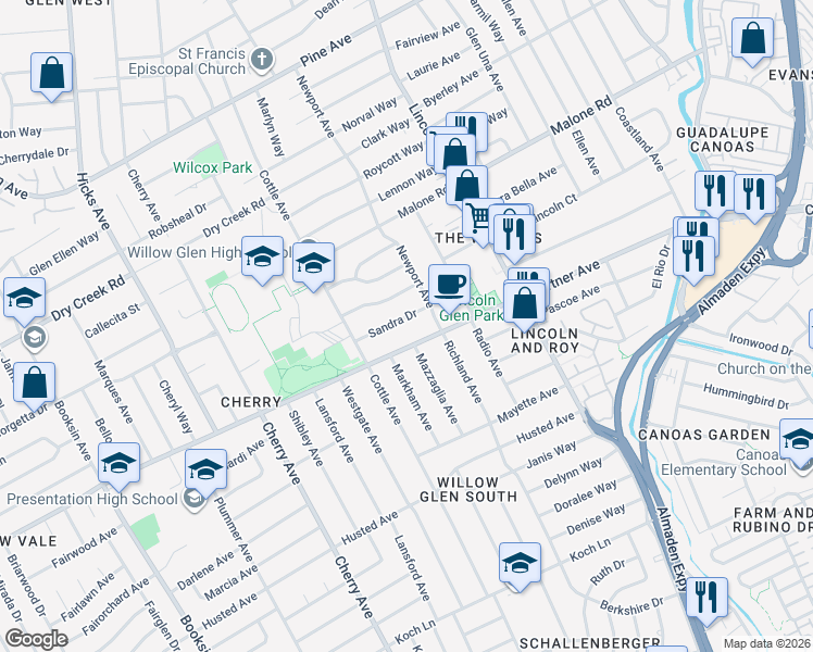 map of restaurants, bars, coffee shops, grocery stores, and more near 1221 Curtner Avenue in San Jose