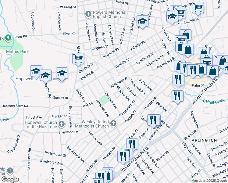 map of restaurants, bars, coffee shops, grocery stores, and more near 2607 Petersburg Street in Hopewell