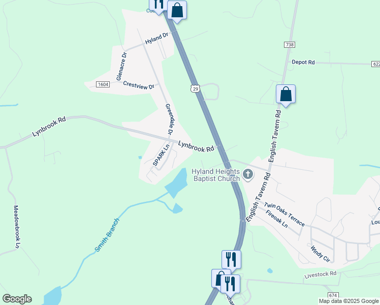 map of restaurants, bars, coffee shops, grocery stores, and more near 144 Lynbrook Road in Rustburg