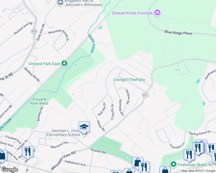 map of restaurants, bars, coffee shops, grocery stores, and more near 706 Olney Road in Vinton