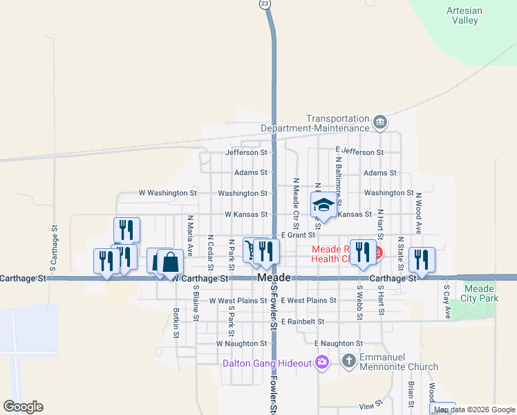 map of restaurants, bars, coffee shops, grocery stores, and more near West Kansas Street in Meade