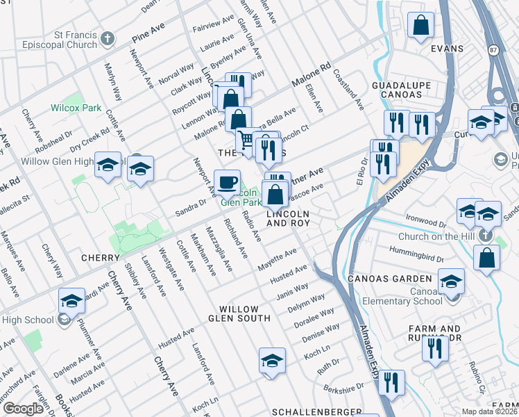map of restaurants, bars, coffee shops, grocery stores, and more near 1127 Pascoe Avenue in San Jose