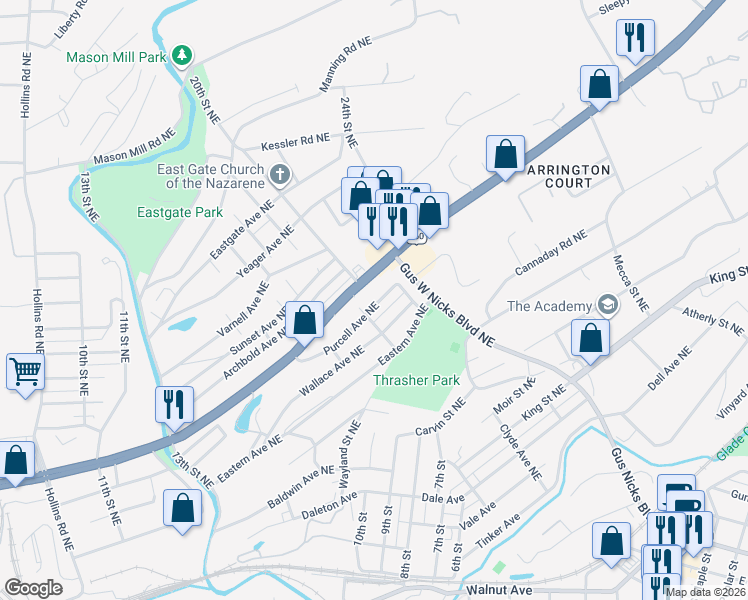 map of restaurants, bars, coffee shops, grocery stores, and more near 2002 Purcell Avenue Northeast in Roanoke