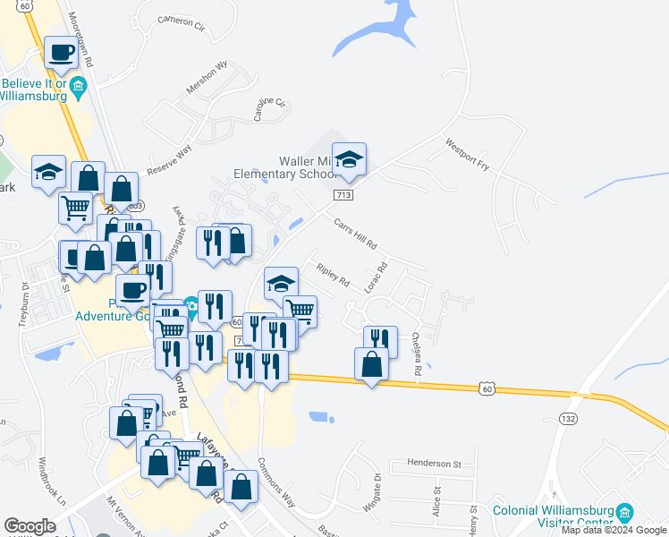 map of restaurants, bars, coffee shops, grocery stores, and more near 106 Ripley Road in Williamsburg