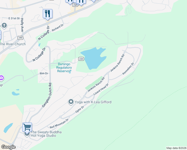 map of restaurants, bars, coffee shops, grocery stores, and more near 99 Jenkins Drive in Durango