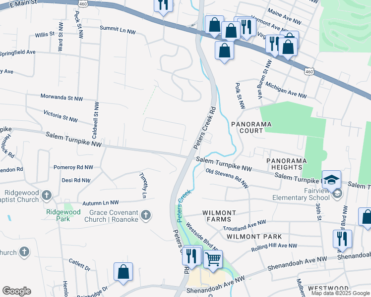 map of restaurants, bars, coffee shops, grocery stores, and more near 513 Gladies Street Northwest in Roanoke