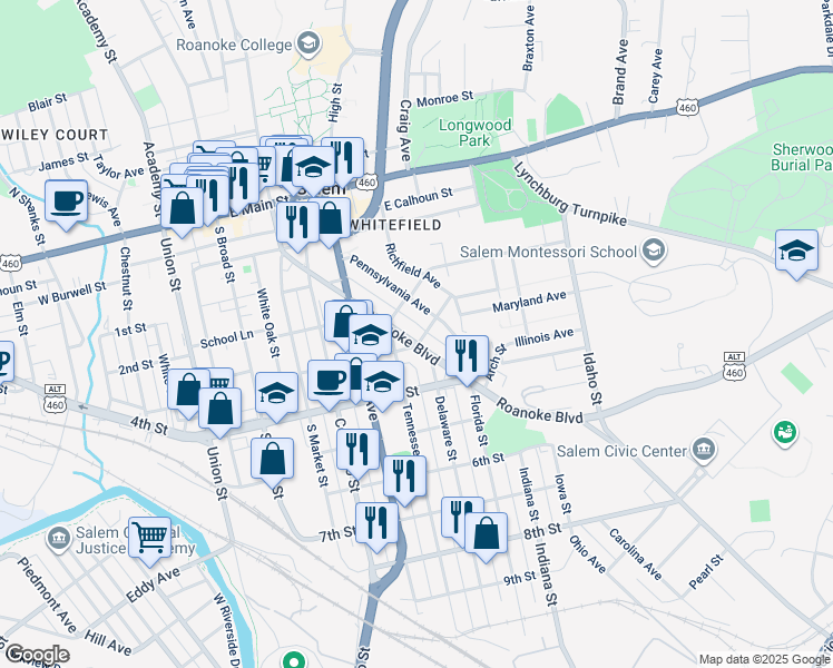 map of restaurants, bars, coffee shops, grocery stores, and more near 425 Roanoke Boulevard in Salem