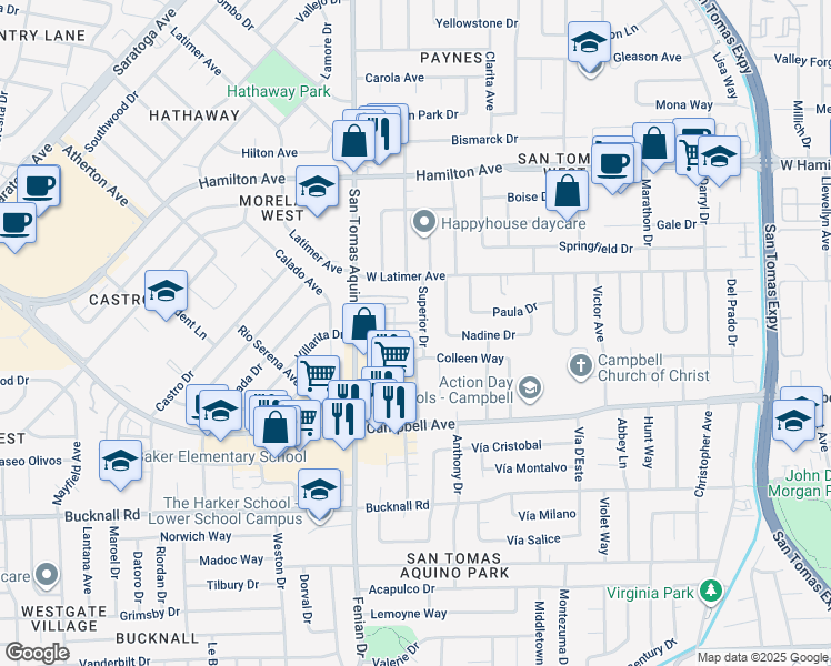 map of restaurants, bars, coffee shops, grocery stores, and more near 184 Superior Drive in Campbell