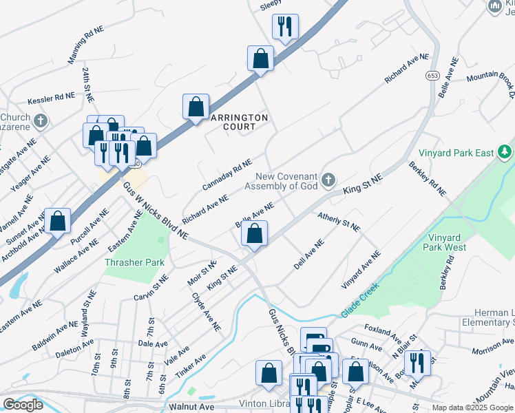 map of restaurants, bars, coffee shops, grocery stores, and more near 2619 Belle Avenue Northeast in Roanoke