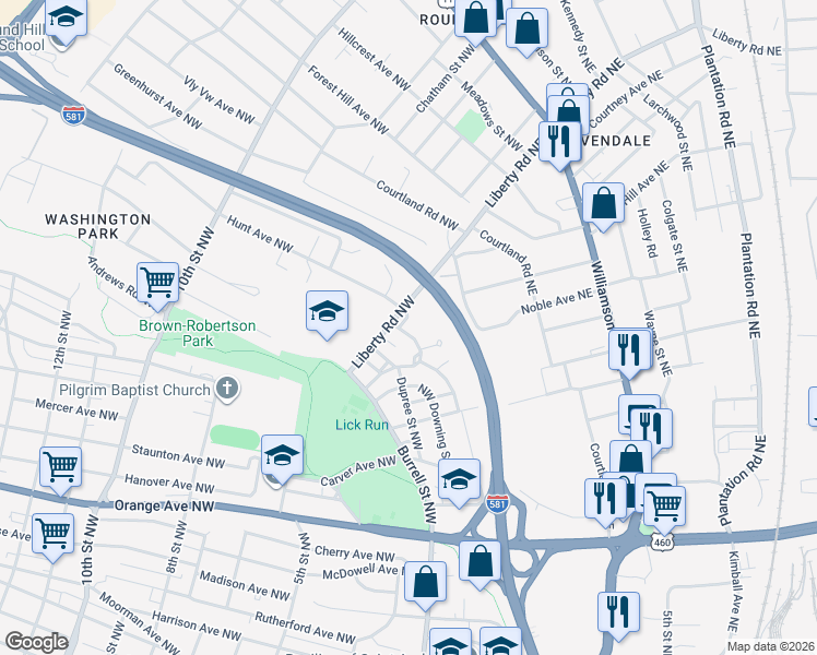 map of restaurants, bars, coffee shops, grocery stores, and more near 1901 Crawley Street Northwest in Roanoke